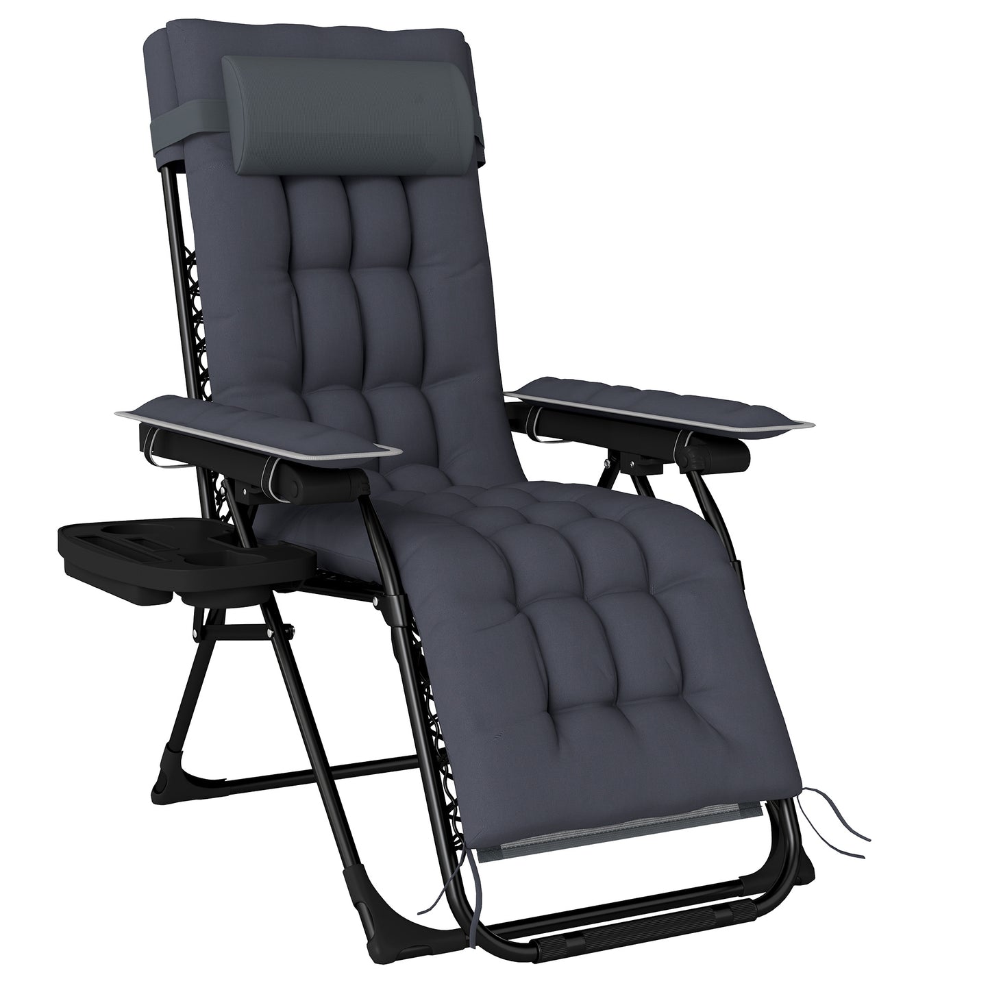 Photo of Outsunny Zero Gravity Chair, Folding Sun Lounger Reclining Garden Chair with Arm Pads, Cushion, Cup Holder, Headrest, Dark Grey in Grey colour on a white background