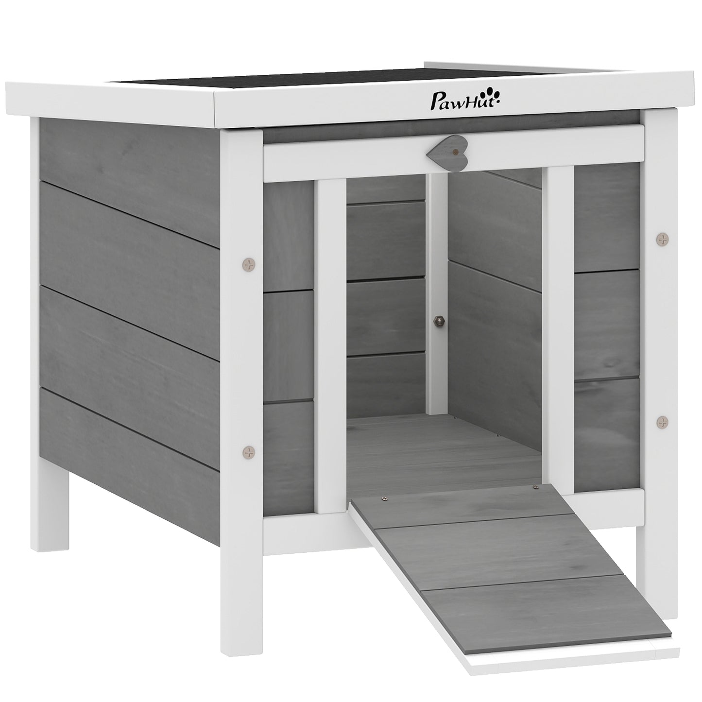 Photo of PawHut Wooden Rabbit Hutch Outdoor, Guinea Pig Hutch, Rabbit Hideaway, Cat House, Bunny Cage Small Animal House with Openable Roof, 51 x 42 x 43 cm, Grey in Grey colour on a white background