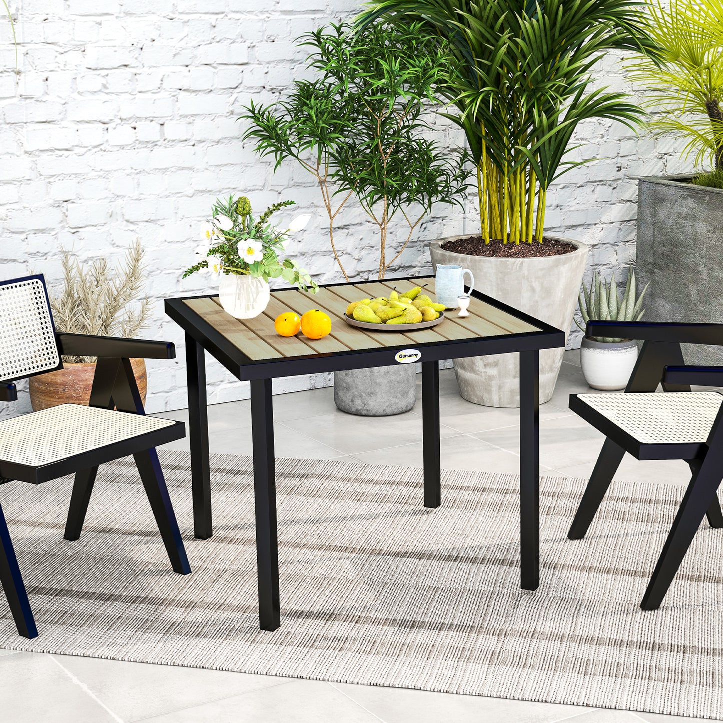 Outsunny Square Garden Dining Table with 5.4cm Parasol Hole, Slatted Top, Metal Frame, 86 x 86 x 71cm, Brown