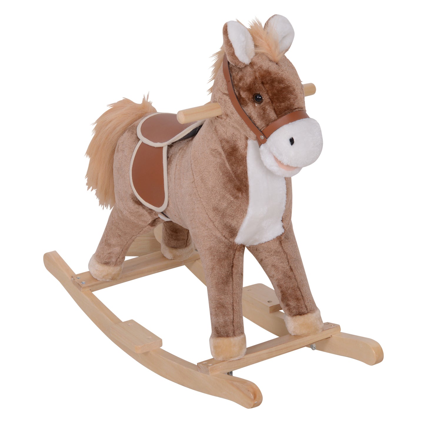 Photo of HOMCOM Kids Children Plush Rocking Horse Wooden Base Ride On Toy Rocker with Handle Grip Traditional Toy Fun Gift for Age 3+ (Brown & White) in White) colour on a white background