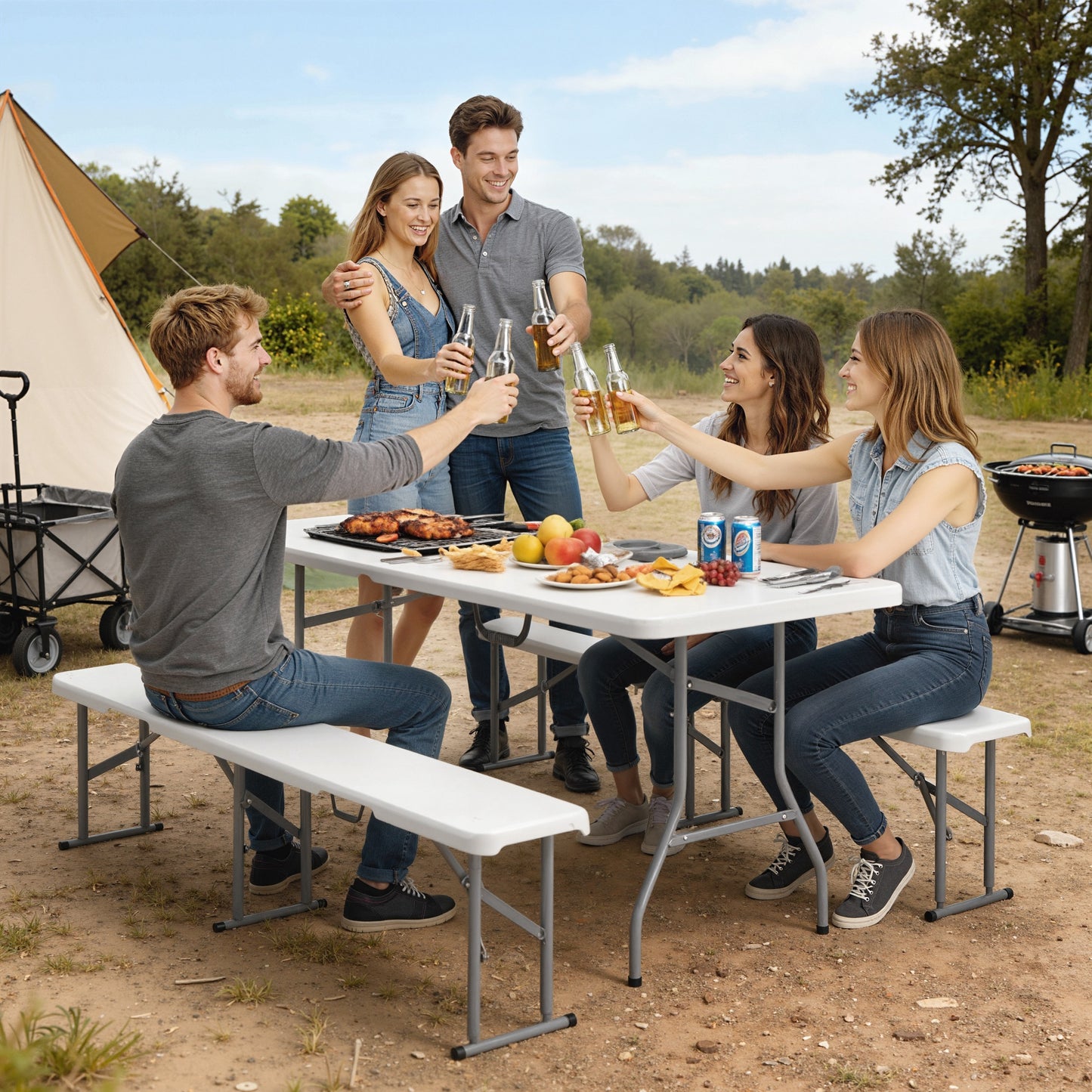 Outsunny Three-Piece Folding Picnic Table and Bench Set - White