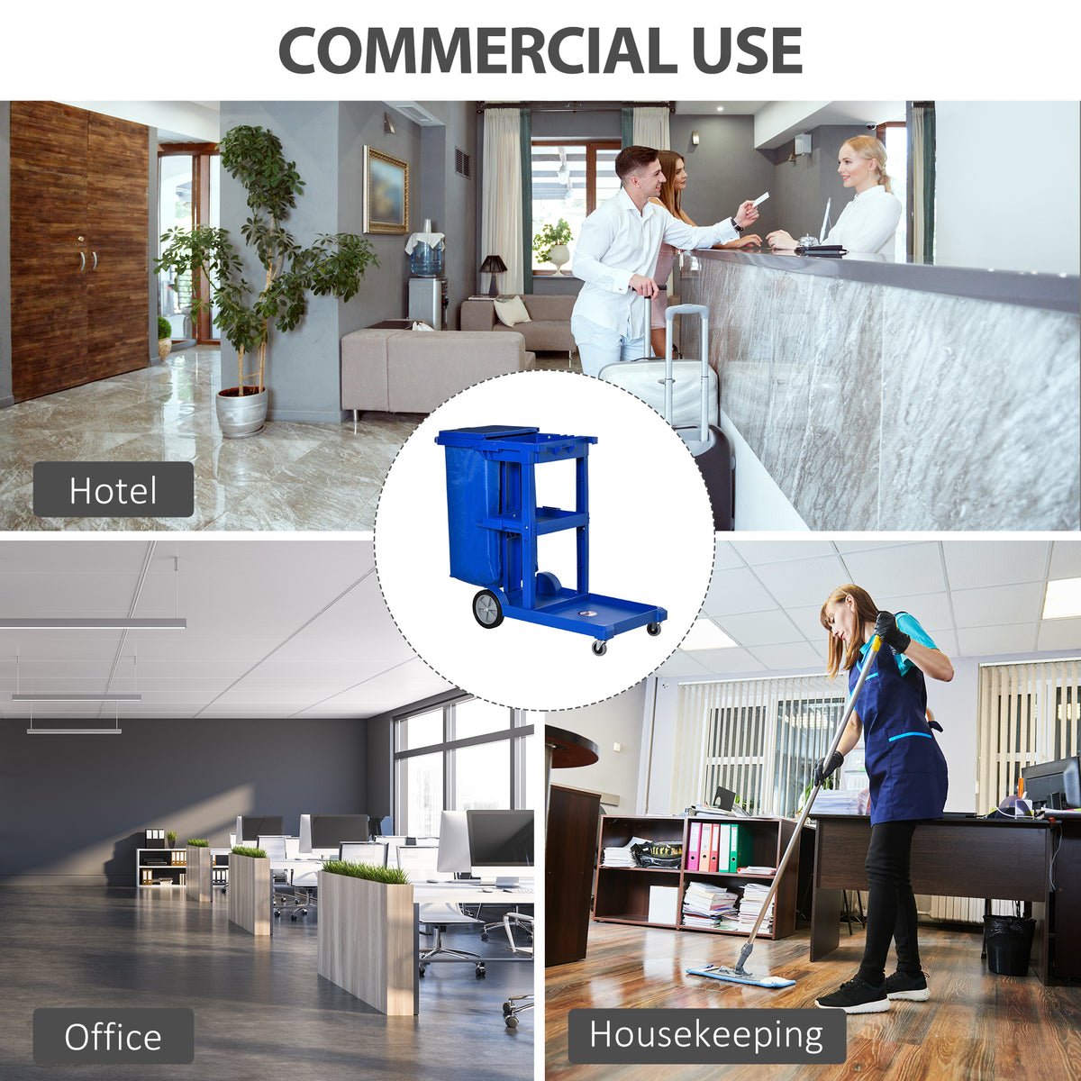 Blue cleaning trolley with waste bag and shelves, suited to commercial cleaning.