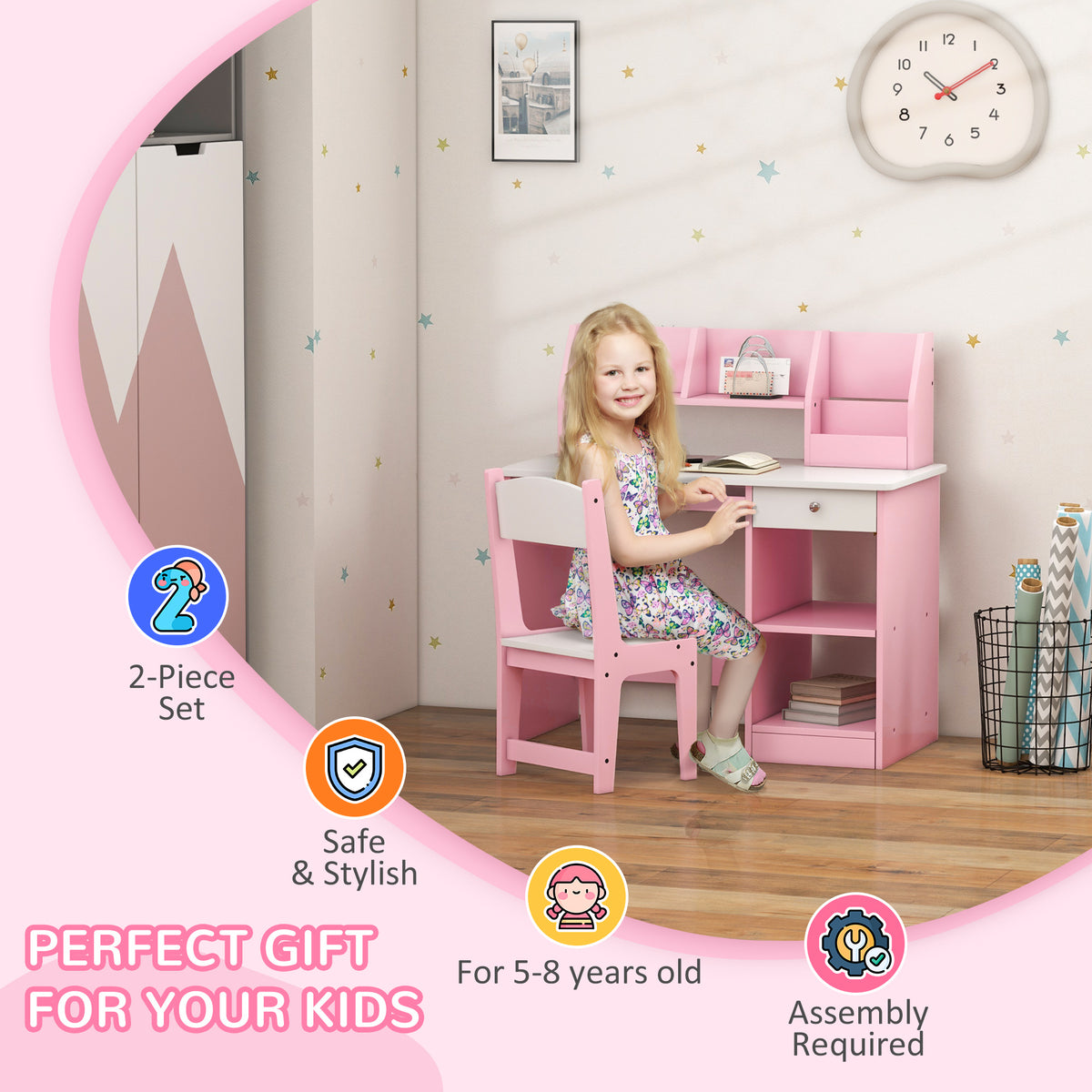 Pink kids' desk and chair set shown in use by a child