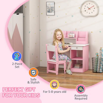 Pink kids' desk and chair set shown in use by a child