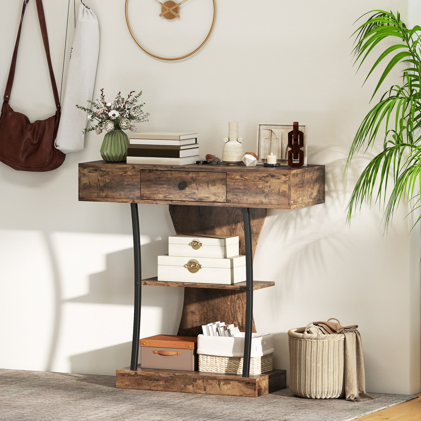 HOMCOM Console Table, 3-Tier Industrial Hallway Table with Drawer, Storage Shelves, 91 x 32 x 87 cm, Rustic Brown