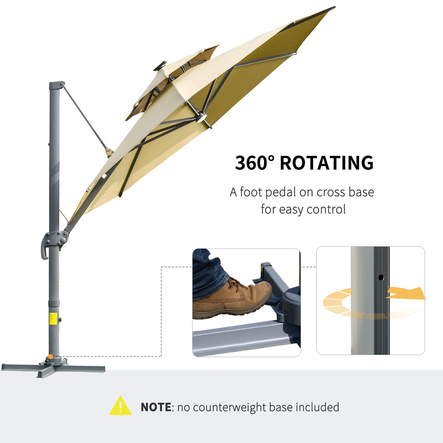 Outsunny 3m Cantilever Parasol with Solar Lights, Power Bank Base 360° Spin, Khaki