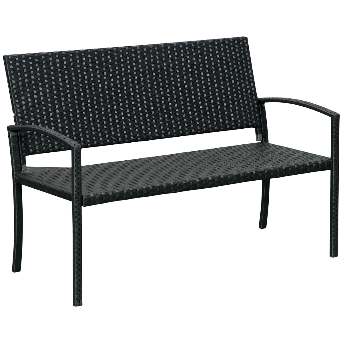 Black two-seat poly rattan garden bench with woven seat, backrest and armrests
