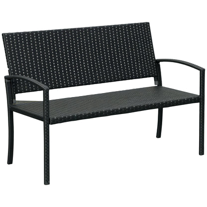 Black two-seat poly rattan garden bench with woven seat, backrest and armrests