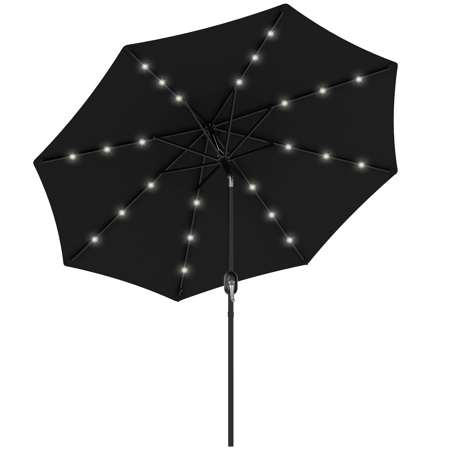 Photo of Outsunny 2.7m Outdoor Patio Garden Umbrella Parasol with Tilt Crank and 24 LEDs Lights, Black in Black colour on a white background
