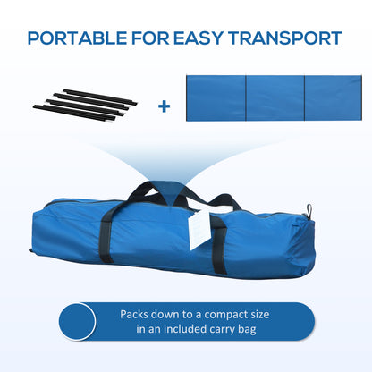 Blue camping windbreak packed in its carry bag with steel poles