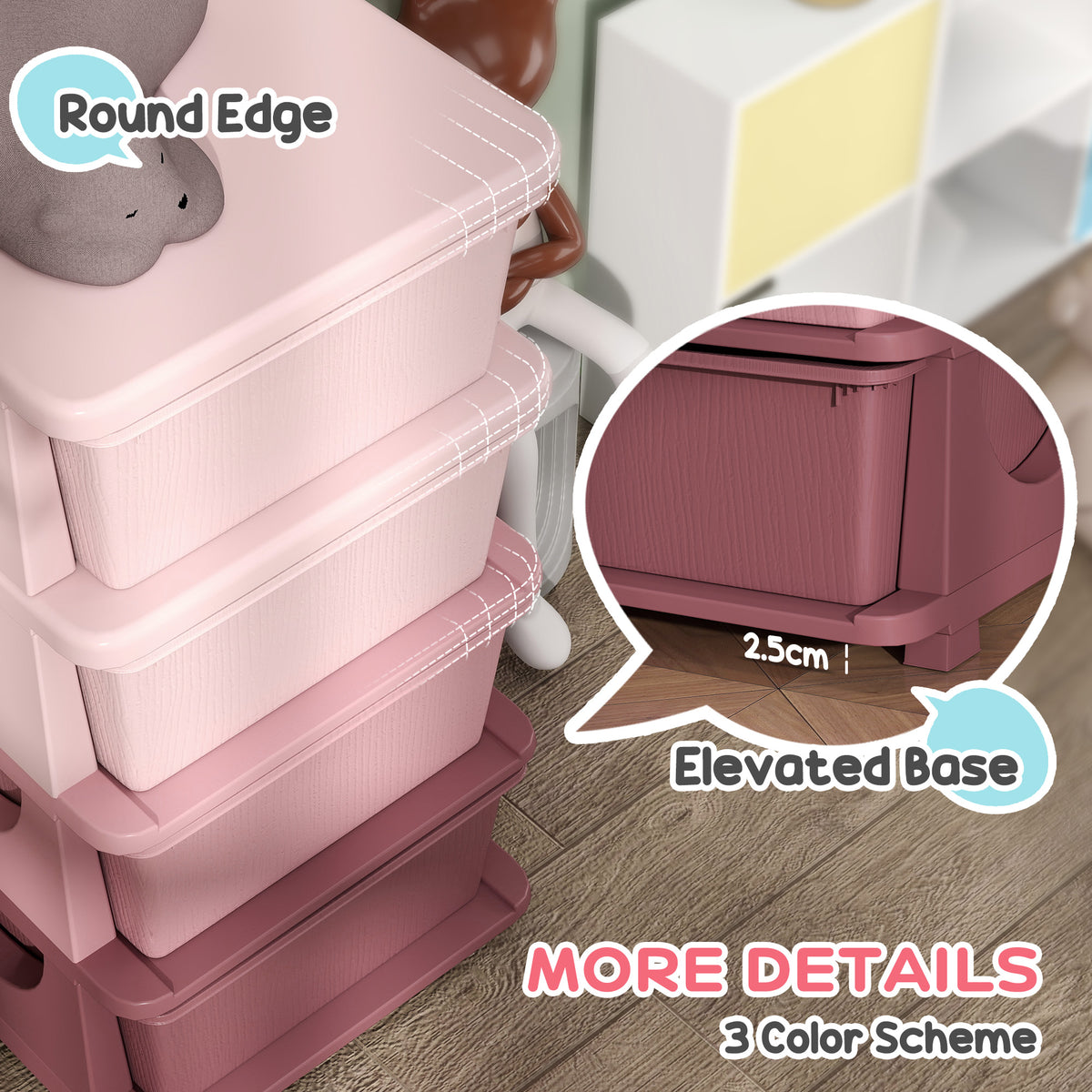 HOMCOM Four-Tier Kids Storage Boxes, with Four Drawers, Pink