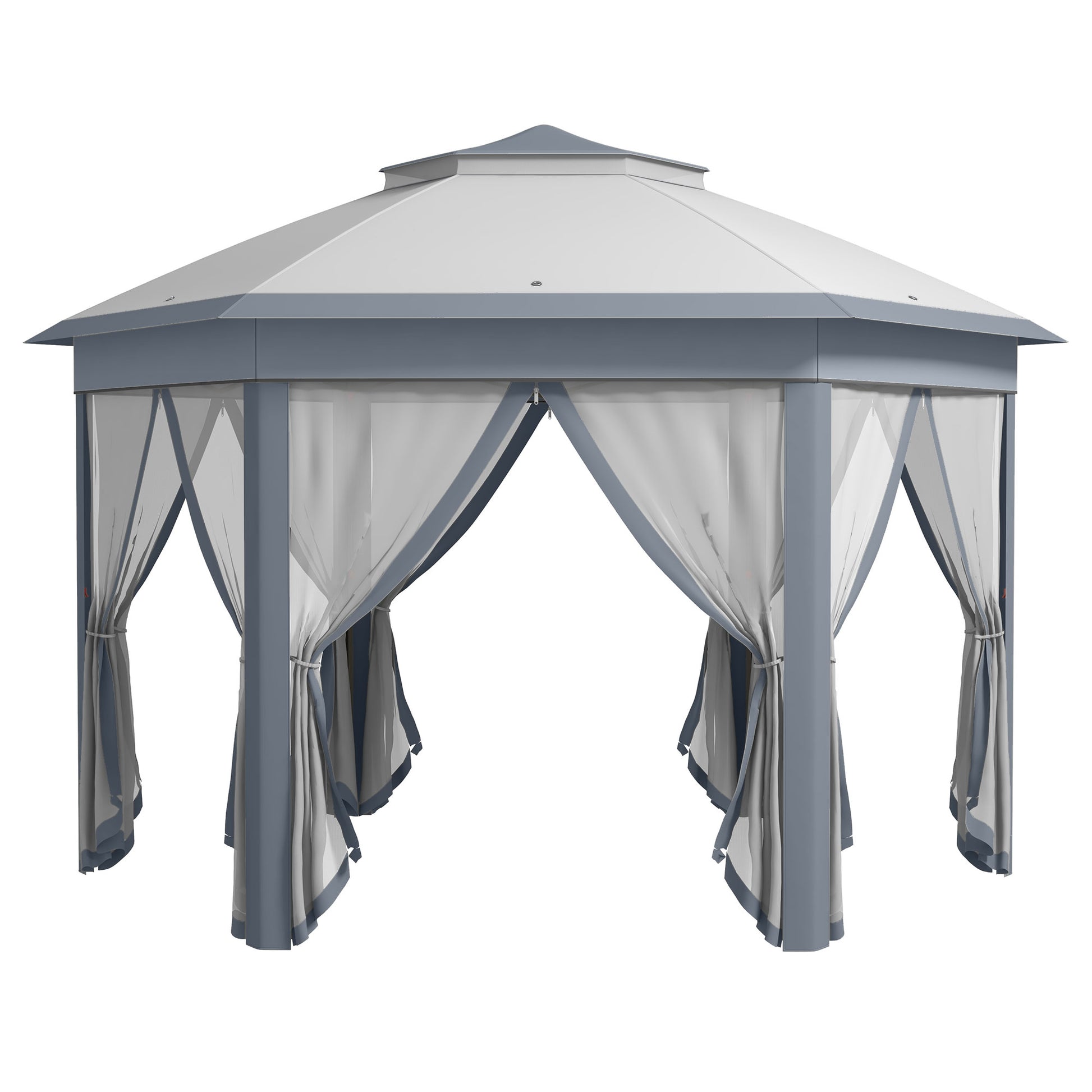 Photo of Outsunny 3 x 4m Metal Frame Hexagon Gazebo, with Curtains - Grey in Grey colour on a white background