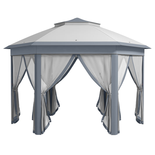 Photo of Outsunny 3 x 4m Metal Frame Hexagon Gazebo, with Curtains - Grey in Grey colour on a white background
