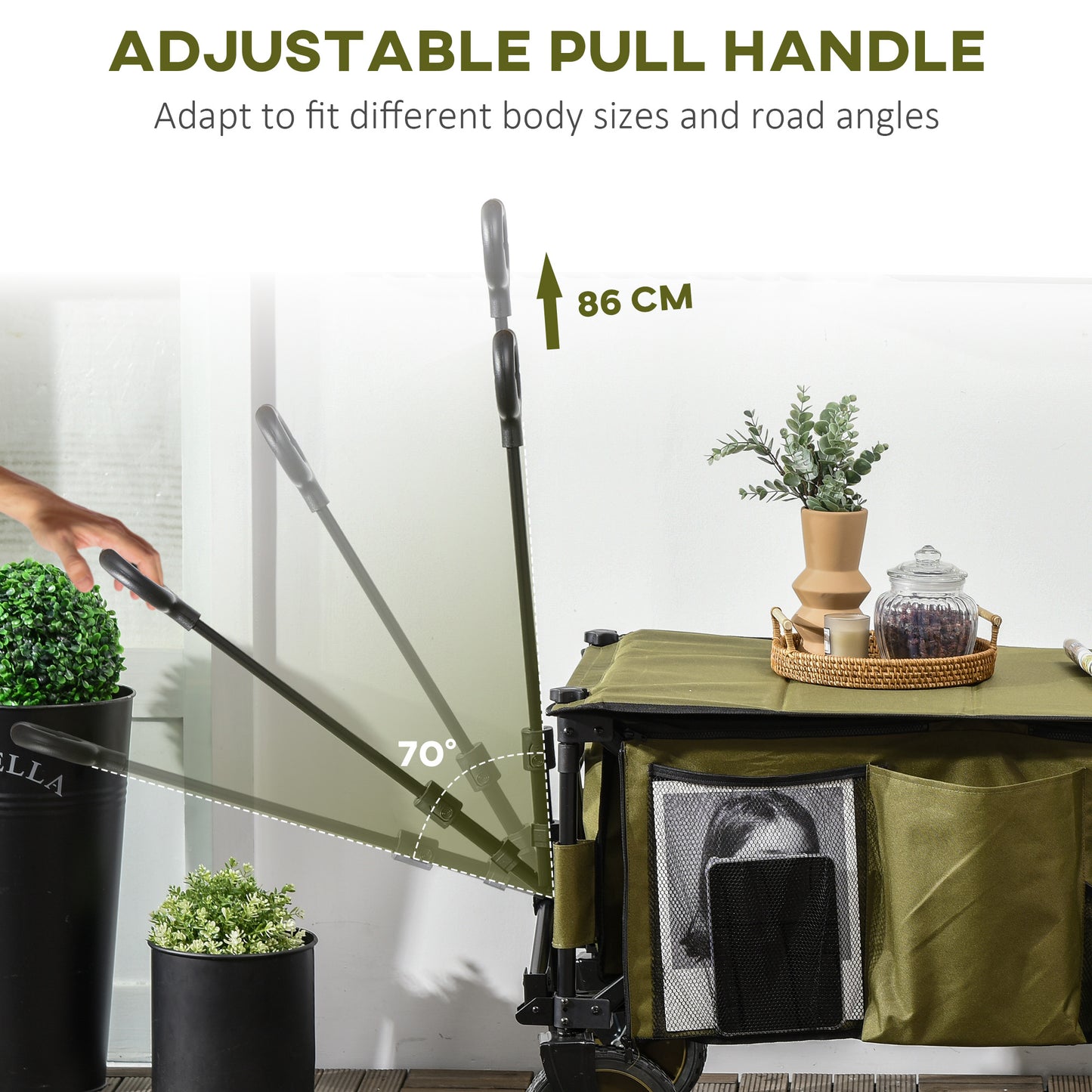 Outsunny 125L Festival Trolley on Wheels, Folding Wagon Camping Trolley Cart with Removable Cover, Side Pockets, Adjustable Handle, Portable Wagon Cart for Outdoor Garden Shopping Picnic, Green