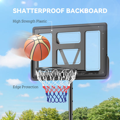 Black plastic basketball backboard with edge protection, rim, and colorful net
