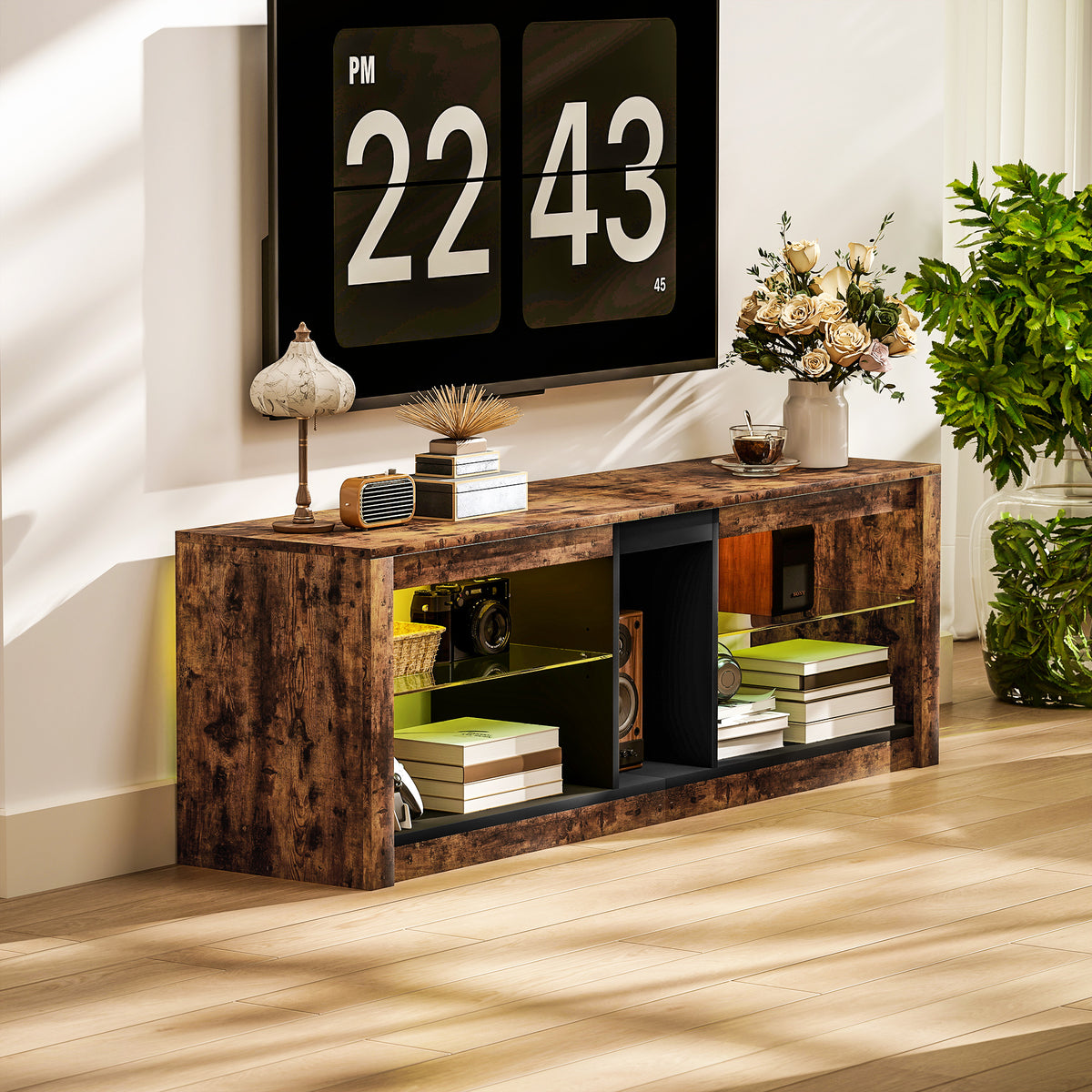 Rustic brown TV stand with open storage shelves and a black center compartment