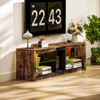 Rustic brown TV stand with open storage shelves and a black center compartment