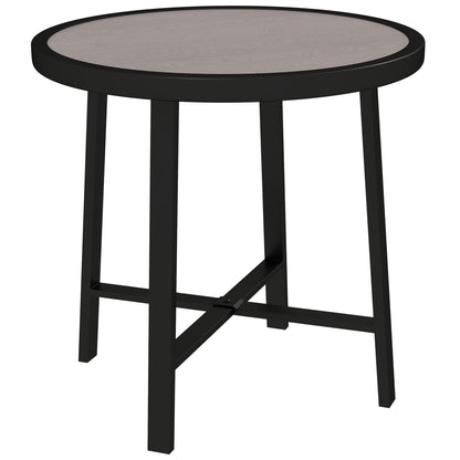 Outsunny round garden side table with gray wood-effect top and black metal frame