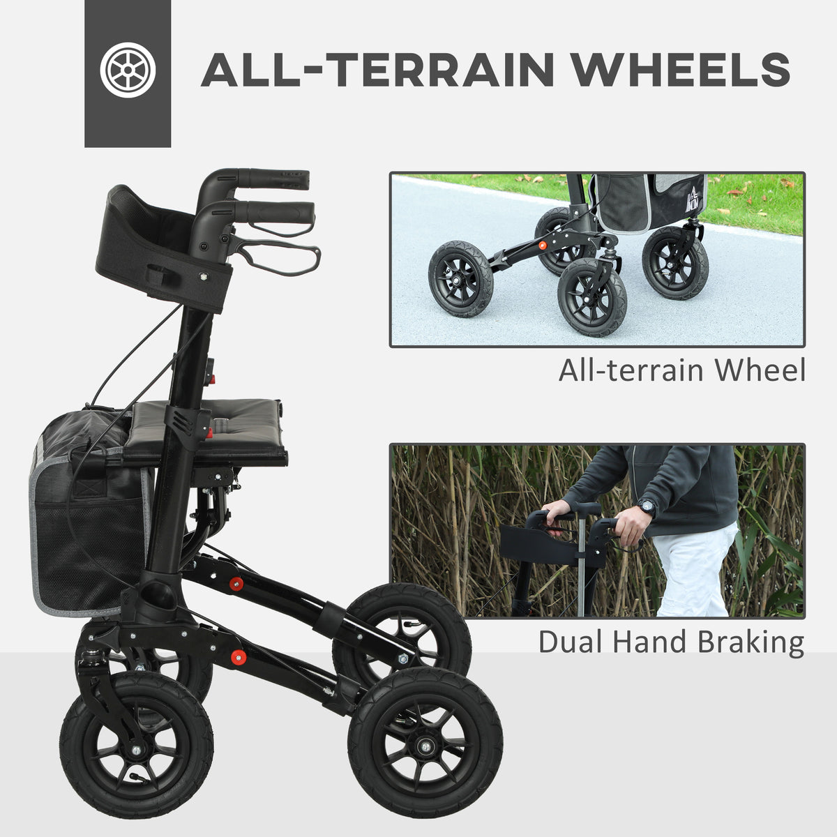 HOMCOM rollator walker with large wheels and dual hand brakes