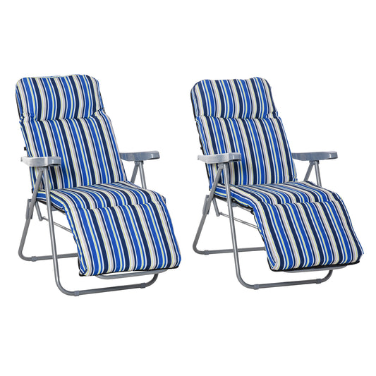 Photo of Outsunny Reclining Garden Chair Set of 2, 5-Level Adjustable Zero Gravity Chairs with Cushions, Folding Sun Lounger Garden Recliner Chairs with Armrests for Outdoor, Patio, Blue Stripe in Stripe colour on a white background
