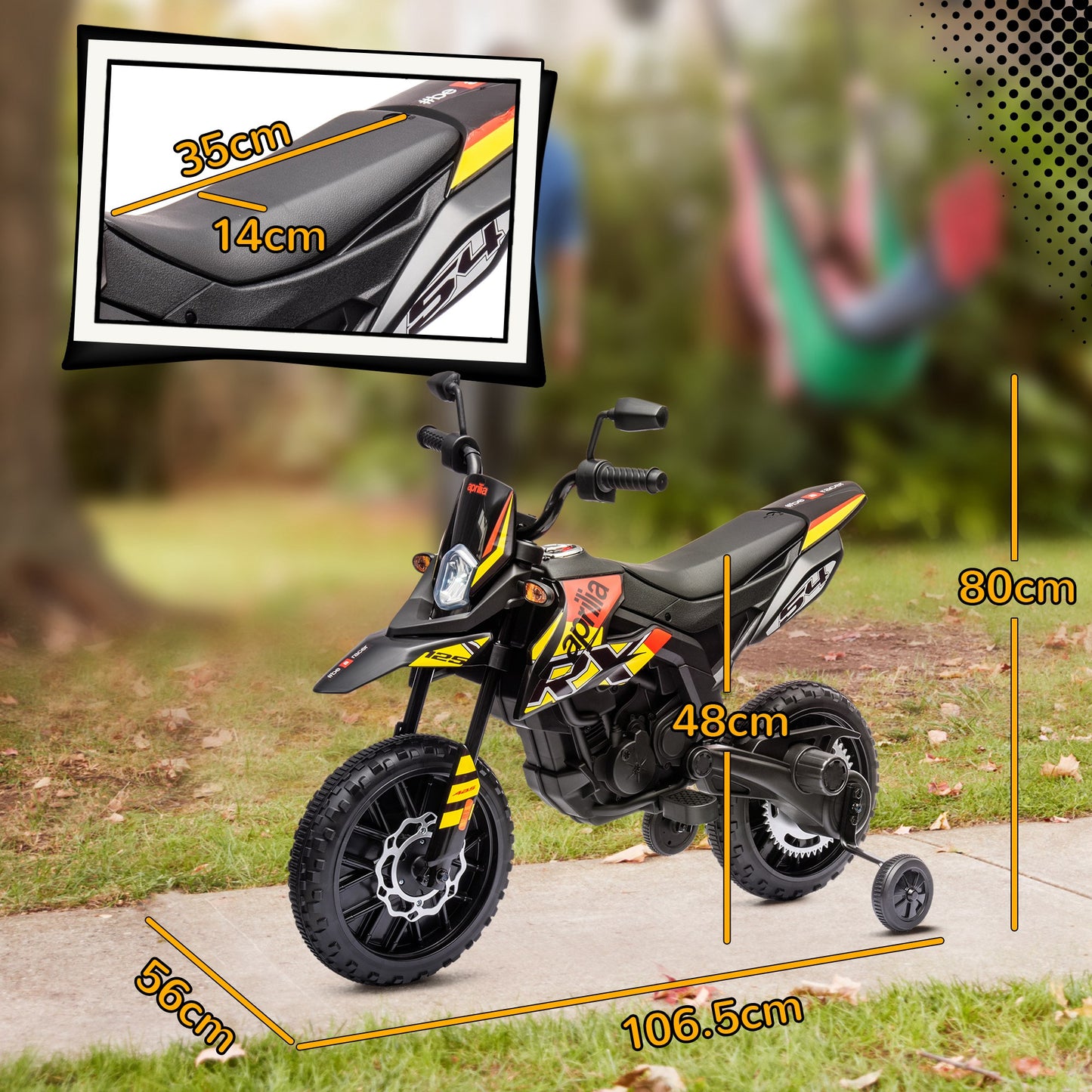 AIYAPLAY 12V Aprilia Licensed Kids Motorbike with Training Wheels, Spring Suspension, LED Headlight, USB, Music, Yellow/black