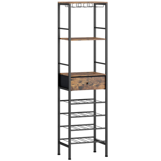 Photo of HOMCOM Industrial Wine Bar Cabinet Freestanding Liquor Cabinet 16-Bottle Wine Rack Glass Holder Rustic Brown in Brown colour on a white background