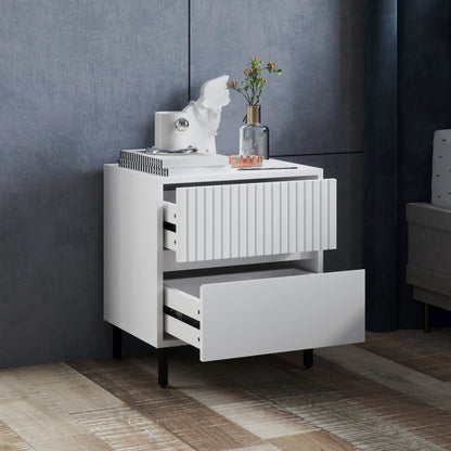 White bedside table with two drawers pulled open on sliding rails