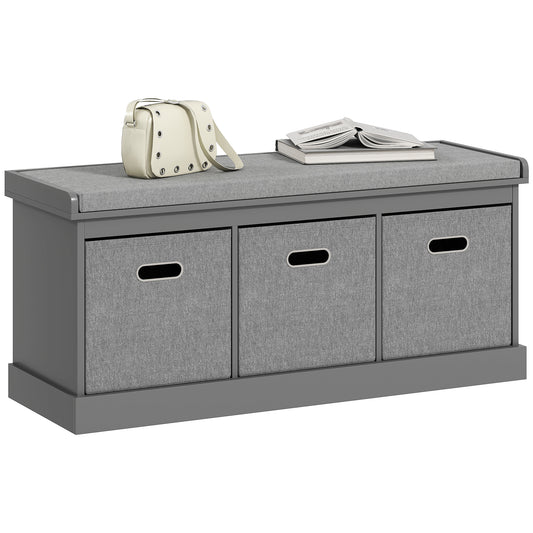 Photo of HOMCOM Three-Drawer Shoe Storage Bench, with Padded Top Seat - Grey in Grey colour on a white background