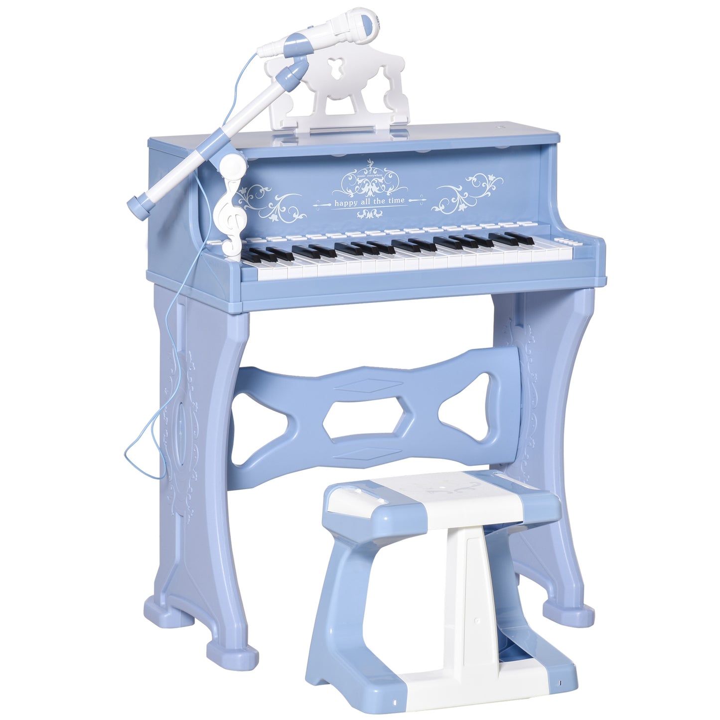 Photo of HOMCOM 37 Keys Kids Piano Mini Electronic Keyboard Light Kids Musical Instrument Educational Game Children Grand Piano Toy Set w/Stool & Microphone & Music Stand (Blue) in (Blue) colour on a white background