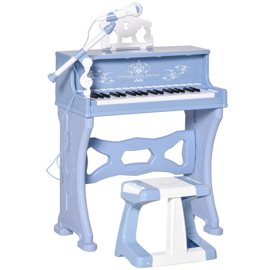 Photo of HOMCOM 37 Keys Kids Piano Mini Electronic Keyboard Light Kids Musical Instrument Educational Game Children Grand Piano Toy Set w/Stool & Microphone & Music Stand (Blue) in (Blue) colour on a white background