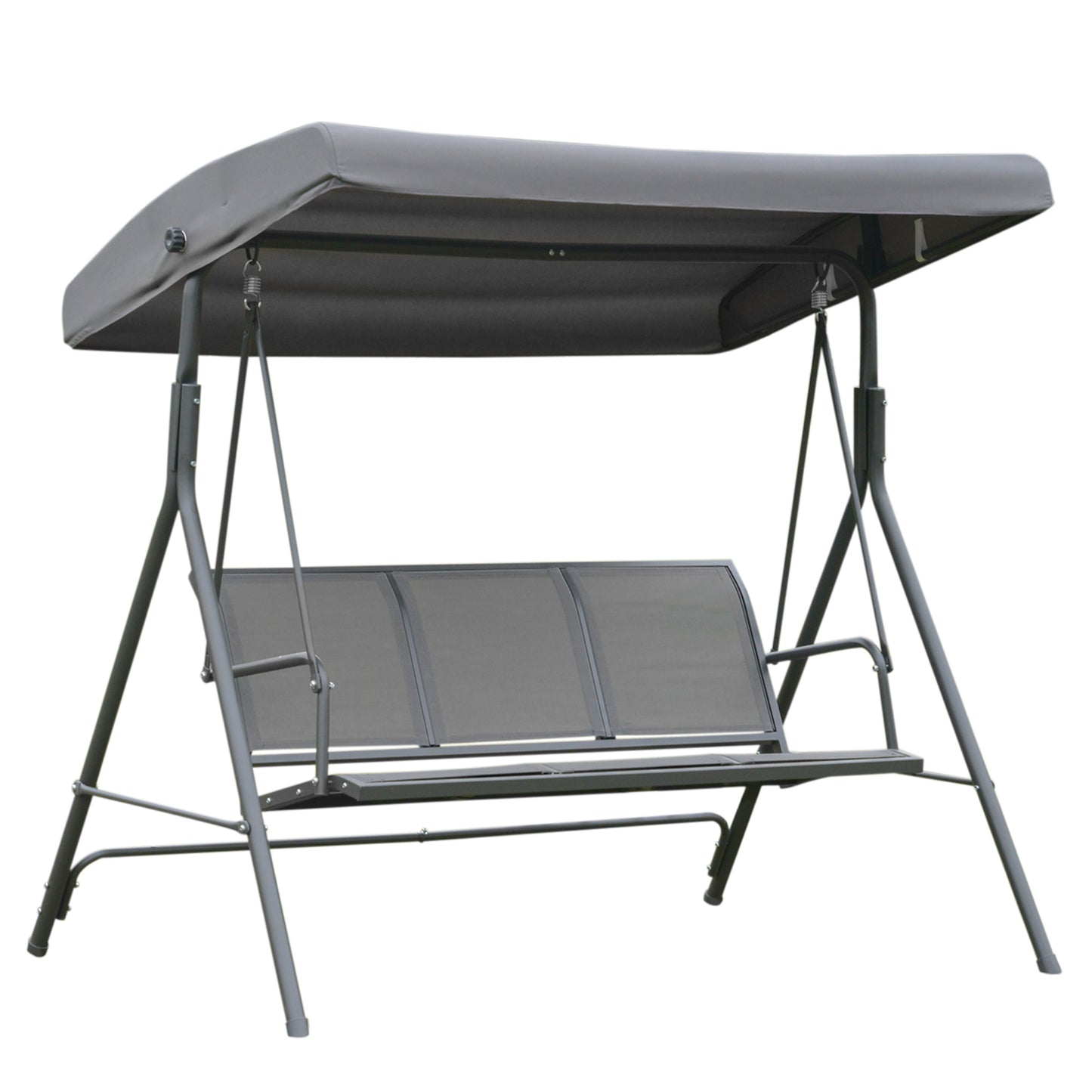 Photo of Outsunny 3 Seater Swing Chair, Garden Swing Bench with Canopy, Breathable Mesh Seat and Heavy Duty Steel Frame for Patio, Yard, Grey in Grey colour on a white background