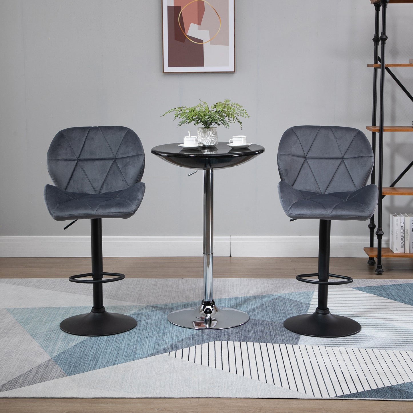 HOMCOM Bar Stools Set Of 2, Luxurious Velvet-Touch Barstools with Metal Frame Footrest Round Base Triangle Indenting Moulded Seat Adjustable Height Swivel Dark Grey