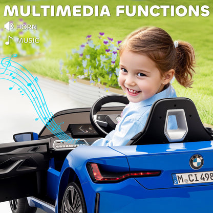 Blue HOMCOM BMW i4 ride-on car with a child seated inside, showing horn and music controls.