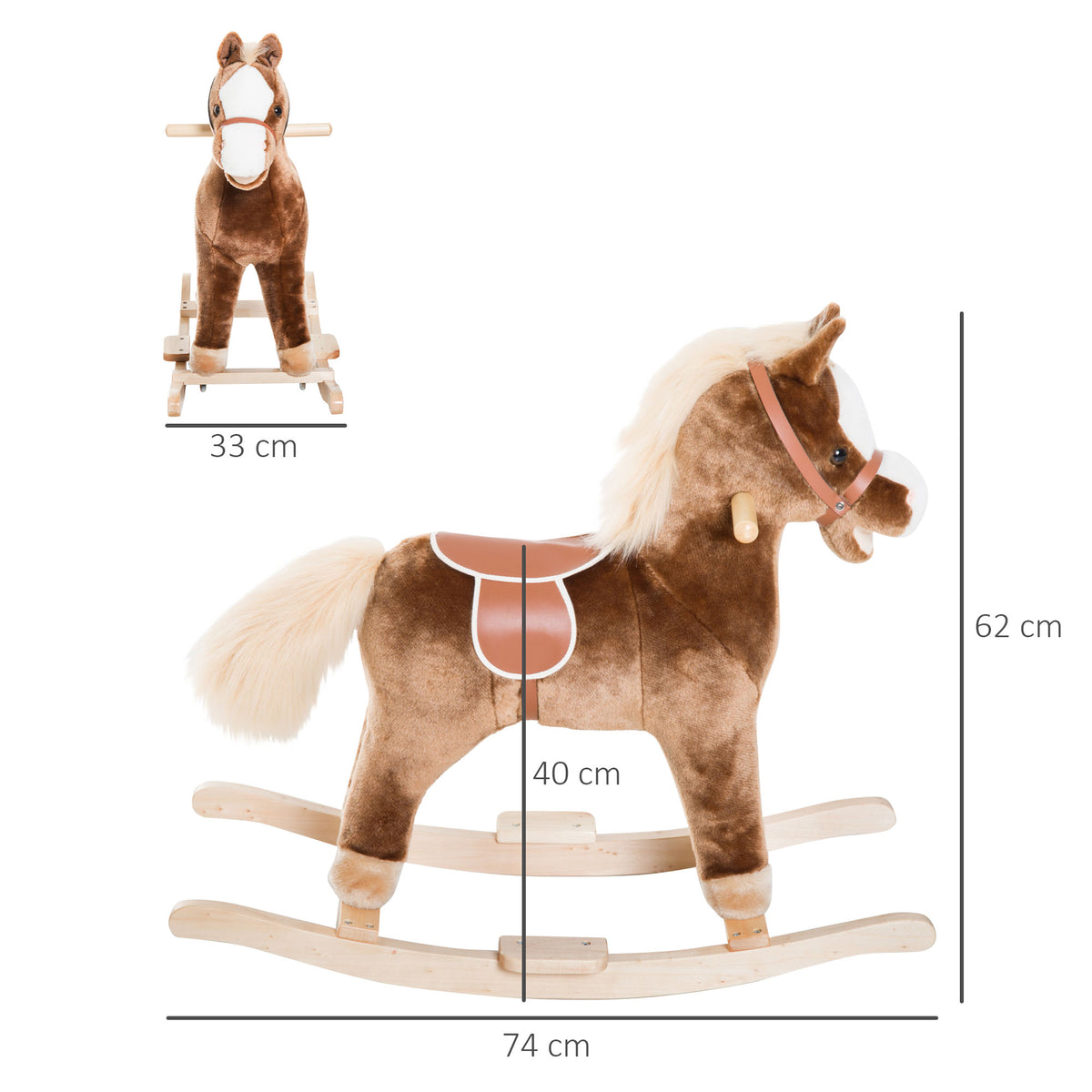 Brown plush rocking horse side view with wooden rocker base and size measurements