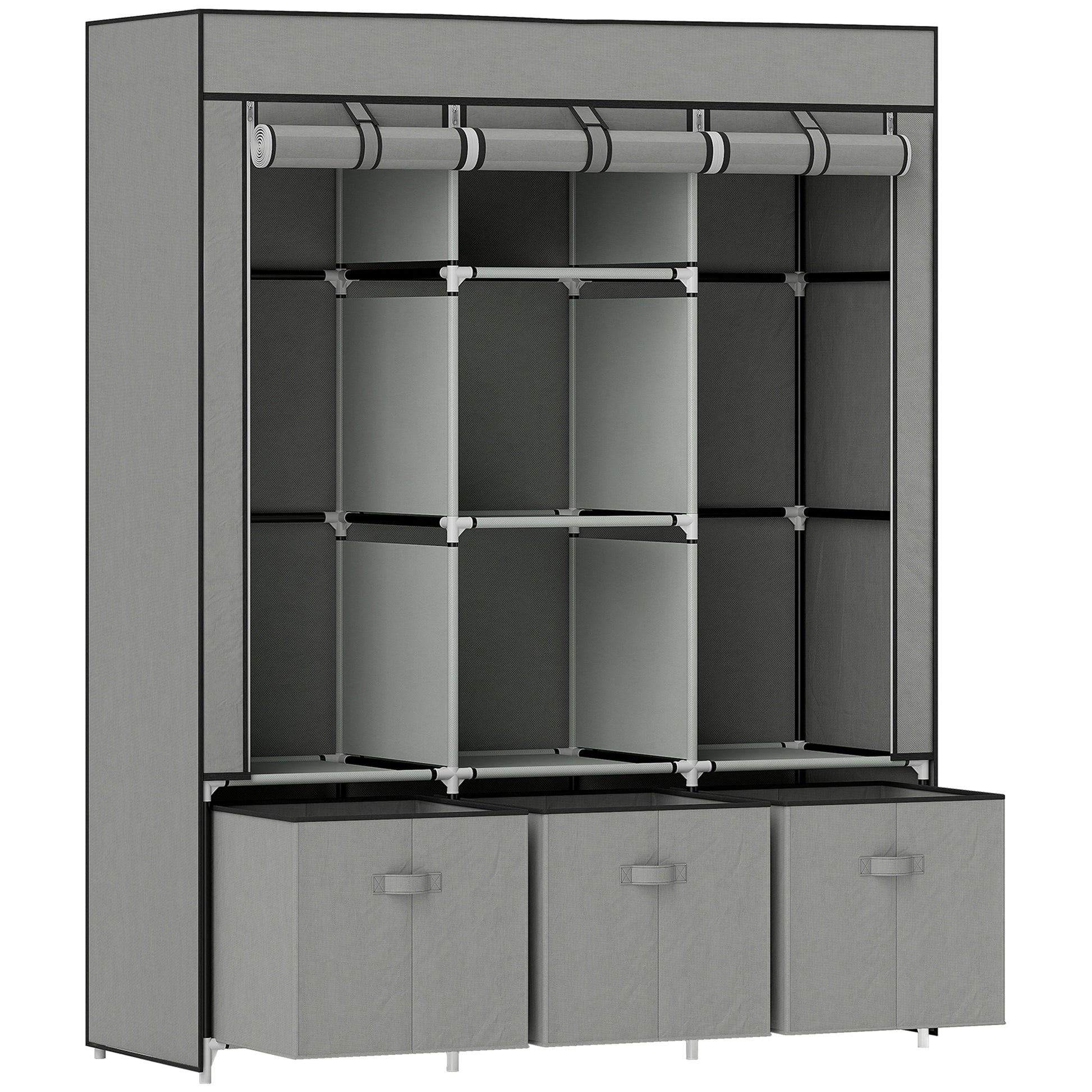 Photo of HOMCOM Foldable Fabric Wardrobe for Bedroom, Portable Wardrobe with 5 Shelves, 2 Hanging Rails and 3 Fabric Drawers, Light Grey in Grey colour on a white background