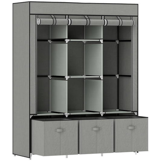 Photo of HOMCOM Foldable Fabric Wardrobe for Bedroom, Portable Wardrobe with 5 Shelves, 2 Hanging Rails and 3 Fabric Drawers, Light Grey in Grey colour on a white background