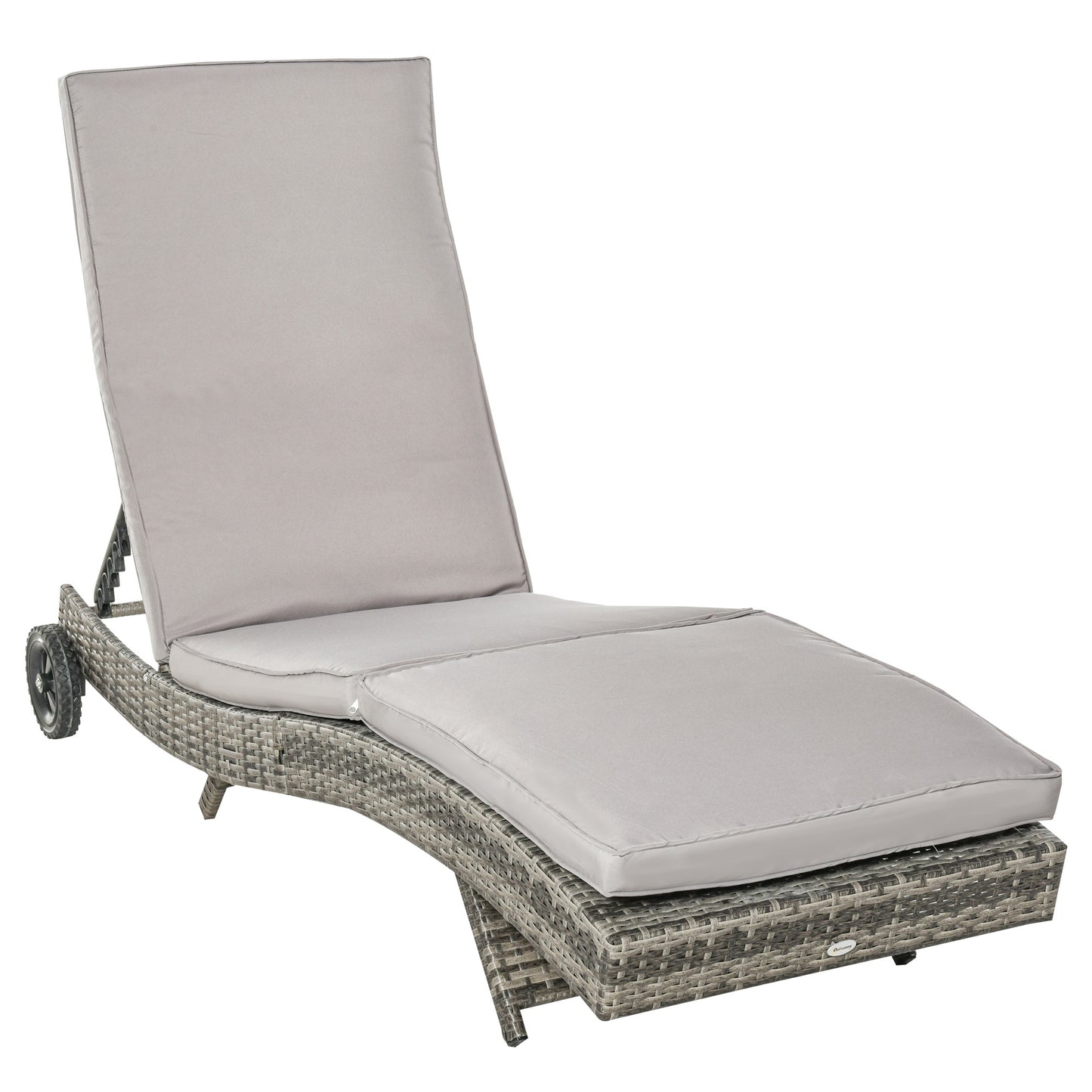 Photo of Outsunny Patio Wicker Chaise Lounge Chair, Outdoor PE Rattan Sun Lounger with Adjustable Backrest and 2 Wheels, Grey in Grey colour on a white background