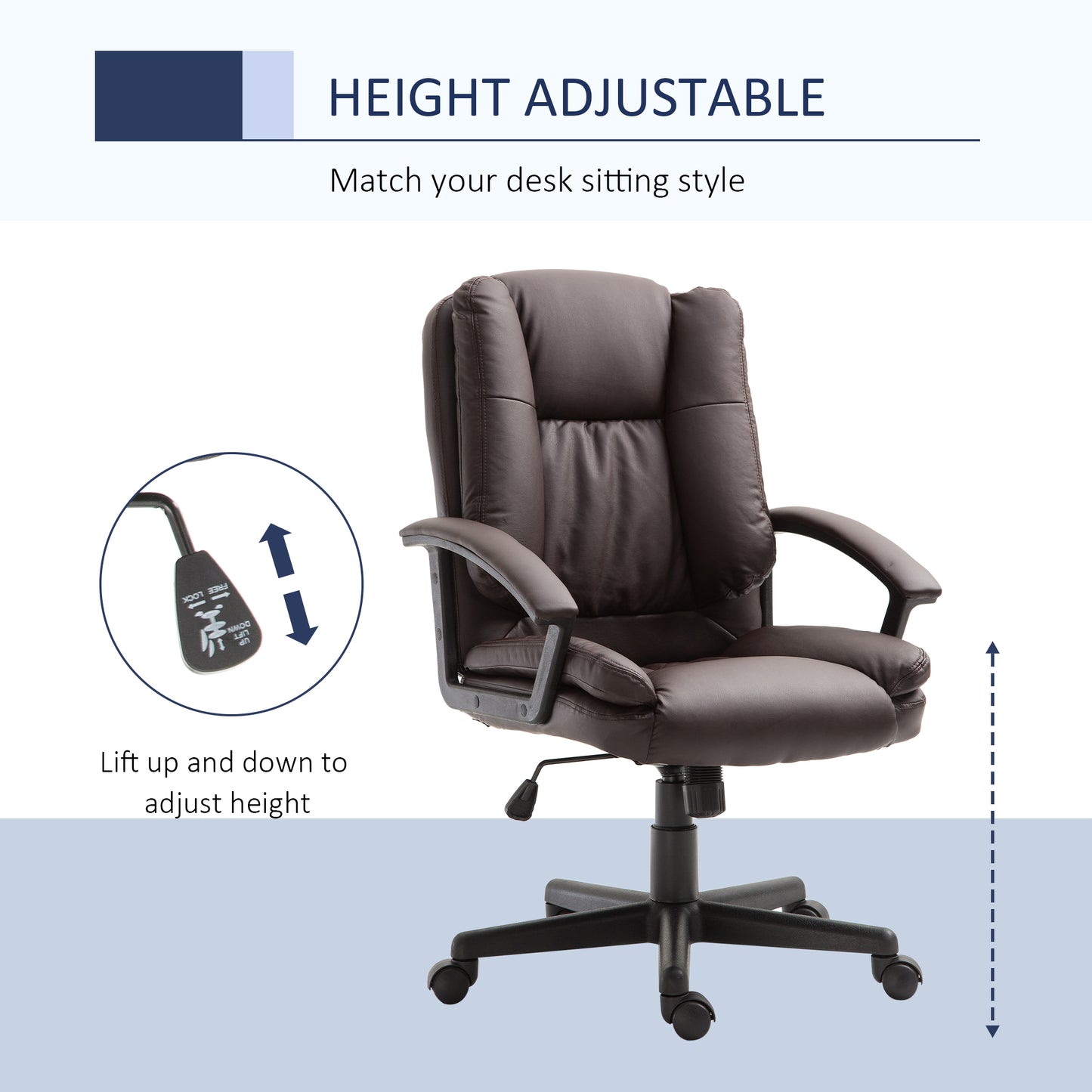 HOMCOM Office Chair, Computer Desk Chair, PU Leather Mid Back Executive Chair with Adjustable Height and Swivel Rolling Wheels for Home Study, Brown