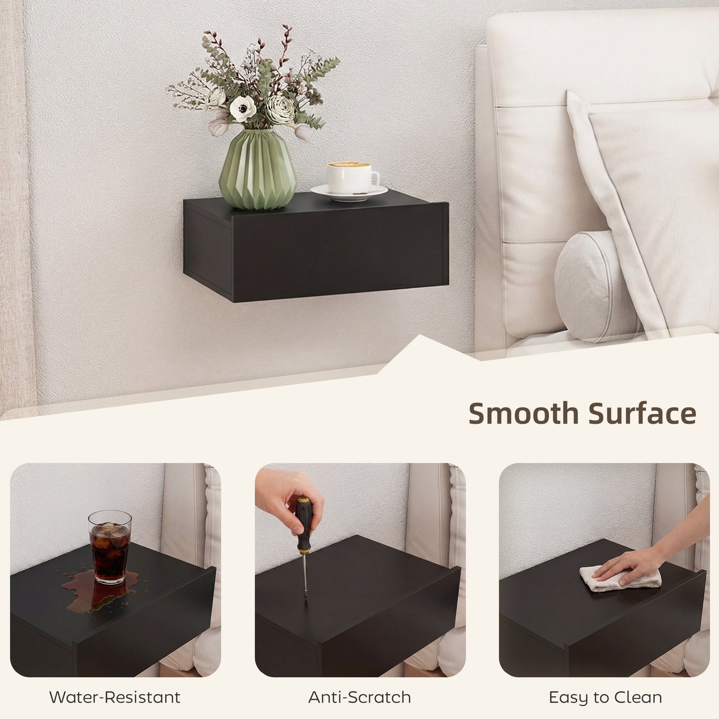HOMCOM Floating Bedside Table Set of 2, Wall-Mounted Nightstand with Storage Drawer, Small Side End Table for Bedroom, Black