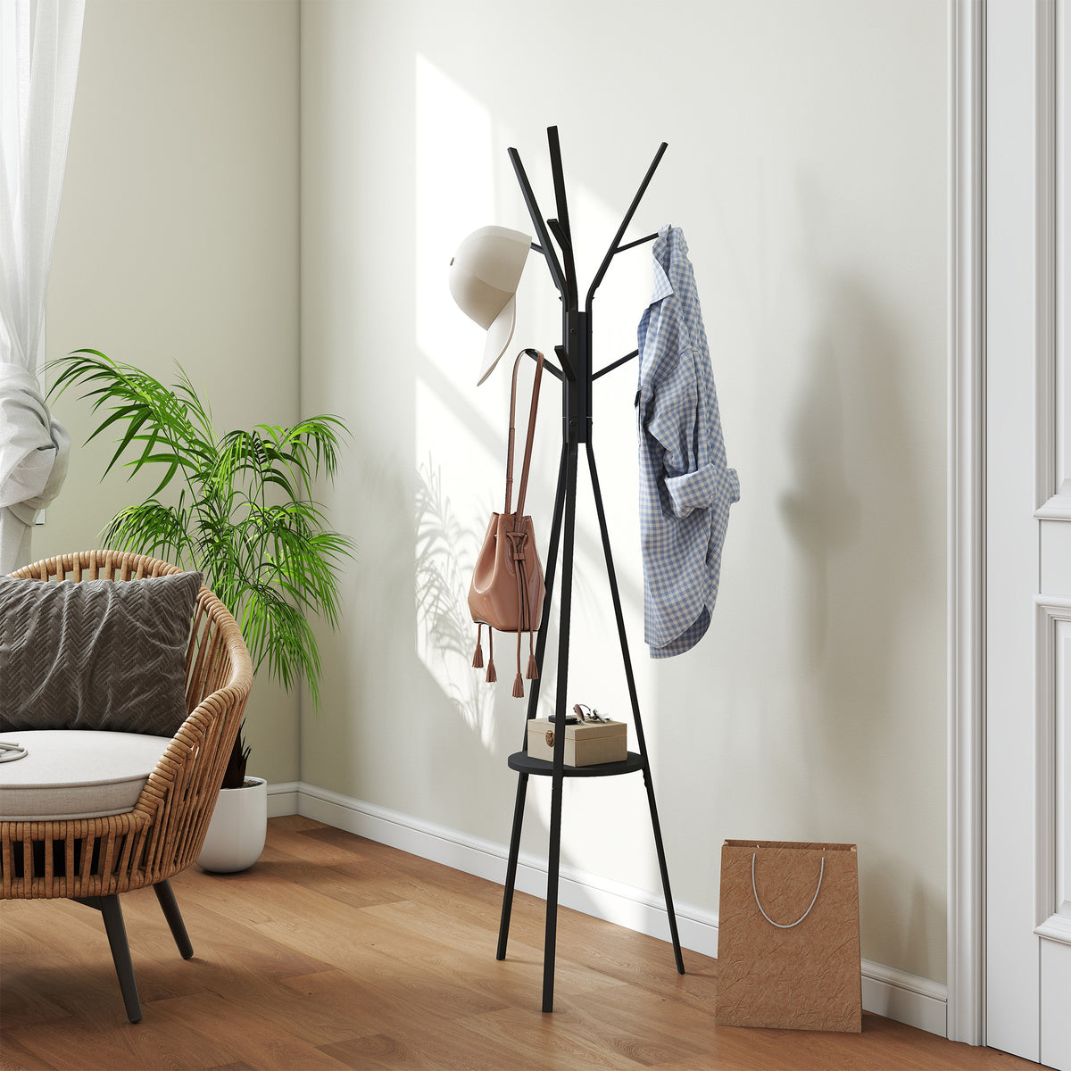 HOMCOM Freestanding Metal Coat Rack Stand 9 Hooks Clothes Tree with 1 Shelf Hat Display Hall Tree Hanger Bag Umbrella Hanging Organiser Black