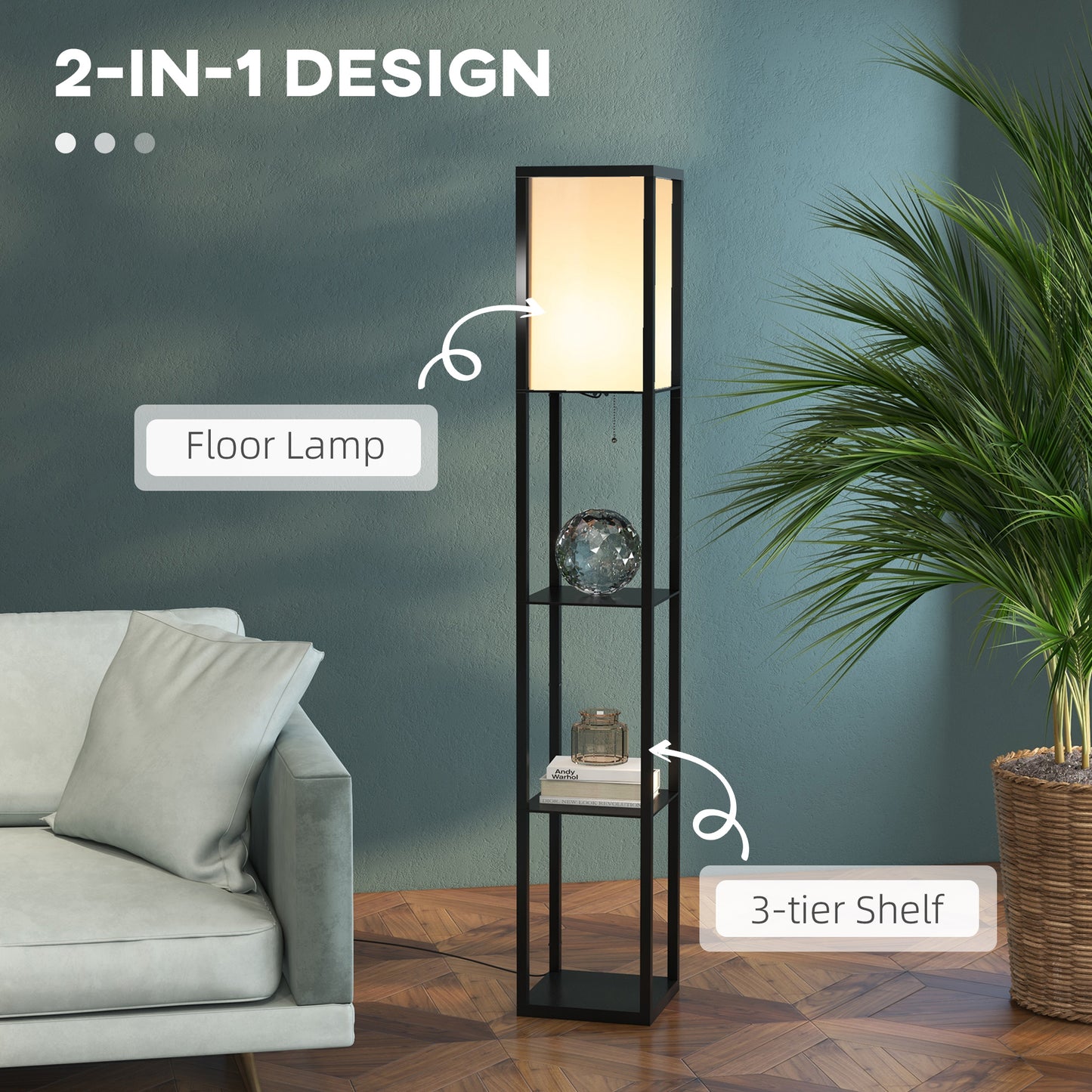 HOMCOM 3-Tier Floor Lamp with Shelves and Storage, Modern Standing Lamp with Lampshade, Reading Light with Chain Switch for Living Room, Bedroom, Home Office, Bulb not Included, Black