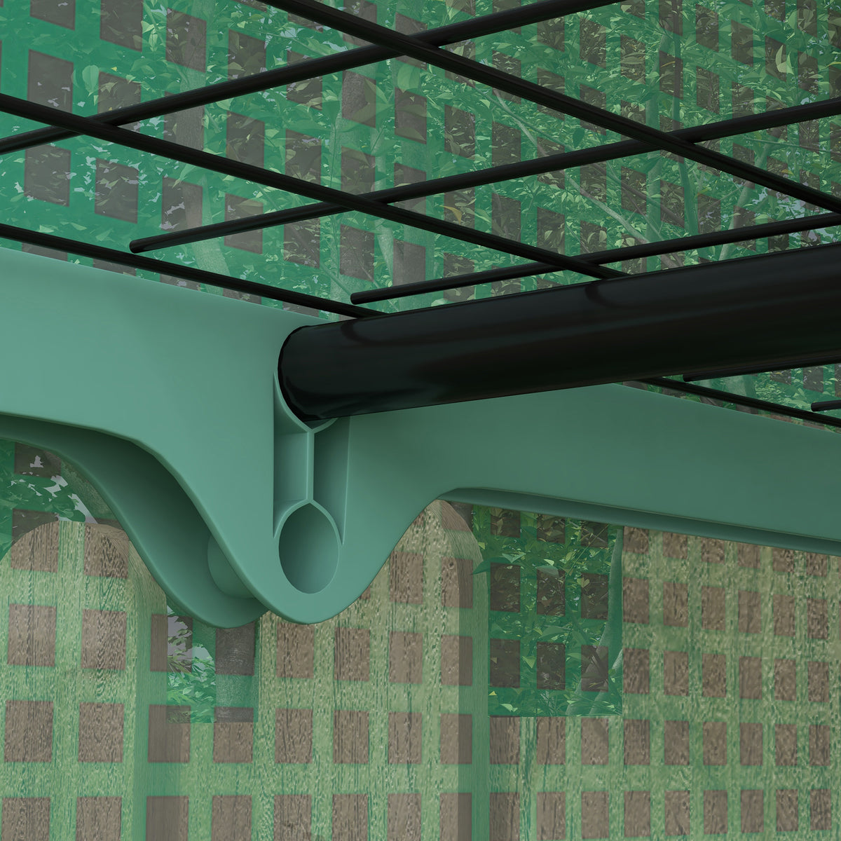 Outsunny greenhouse close-up of black wire shelf frame and green plastic connector