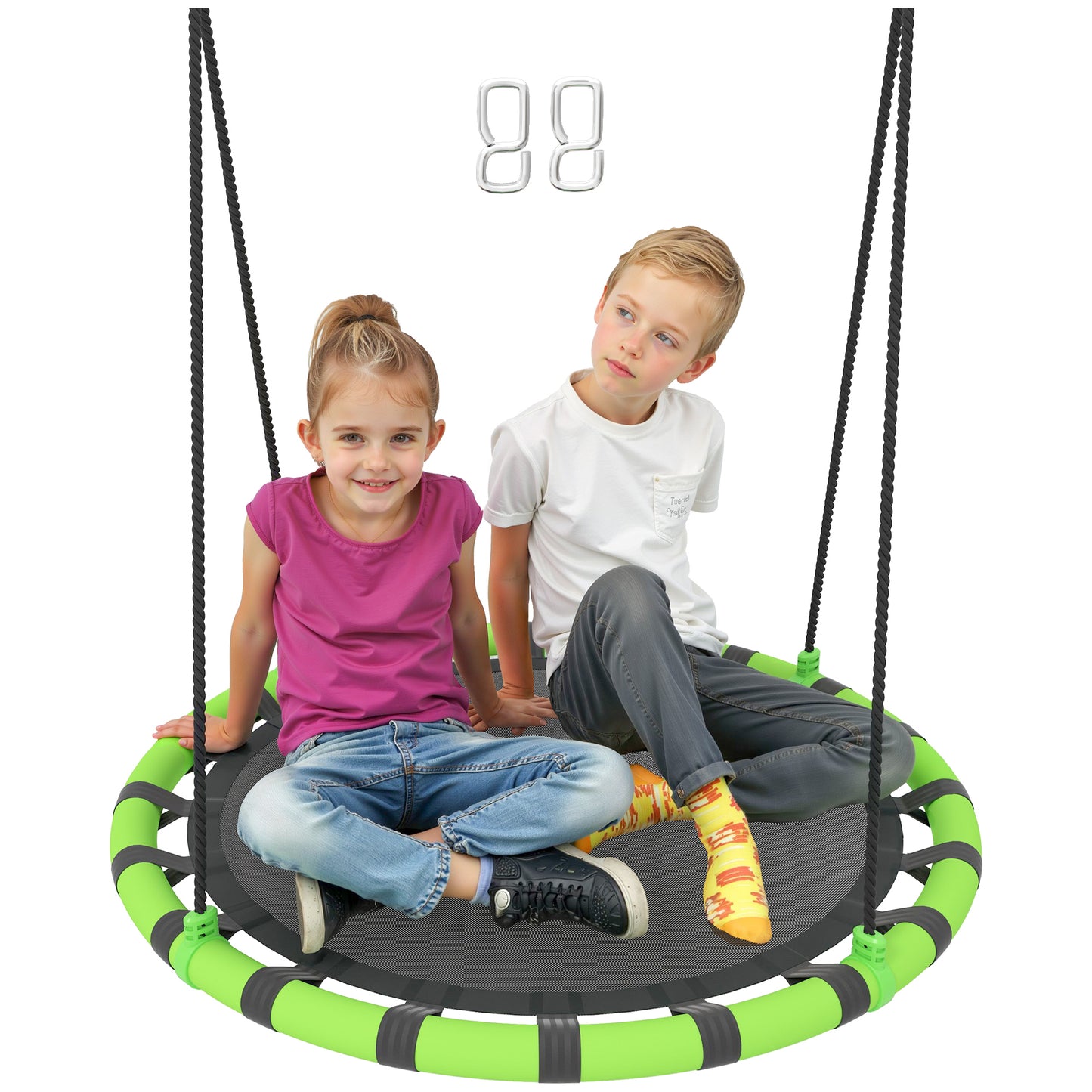 Photo of AIYAPLAY 100cm Diameter Kid Nest Swing Seat with Height Adjustable Ropes for Outdoor, Indoor, Black/Green in Black/Green colour on a white background