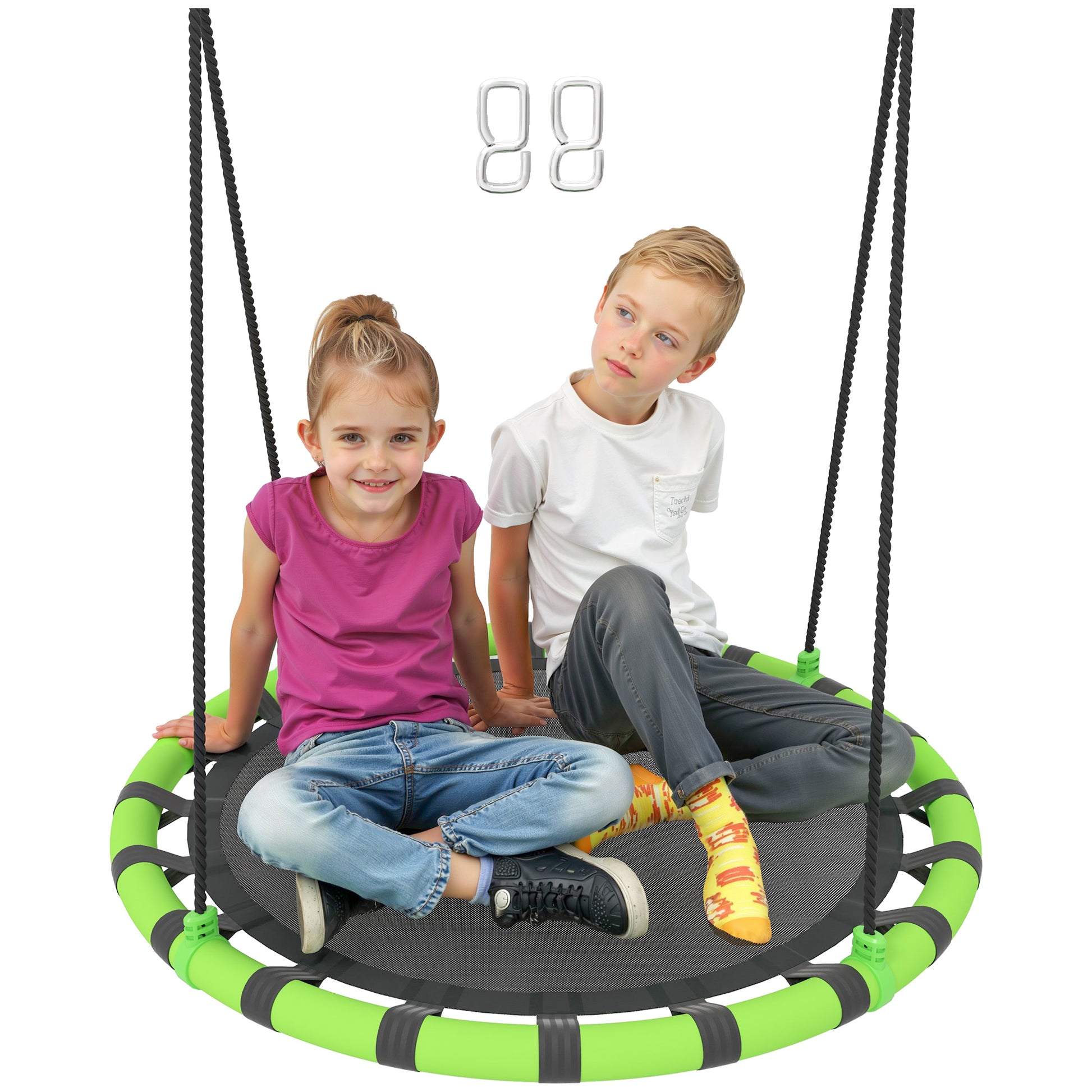 Photo of AIYAPLAY 100cm Diameter Kid Nest Swing Seat with Height Adjustable Ropes for Outdoor, Indoor, Black/Green in Black/Green colour on a white background