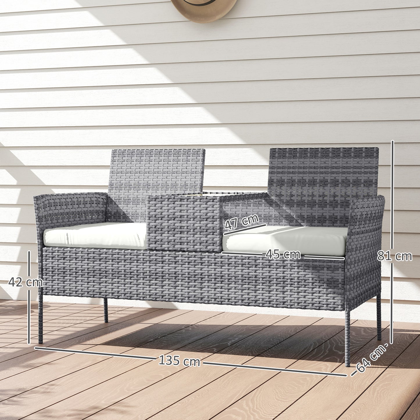Outsunny Two-Seat Rattan Chair, with Middle Table - Grey