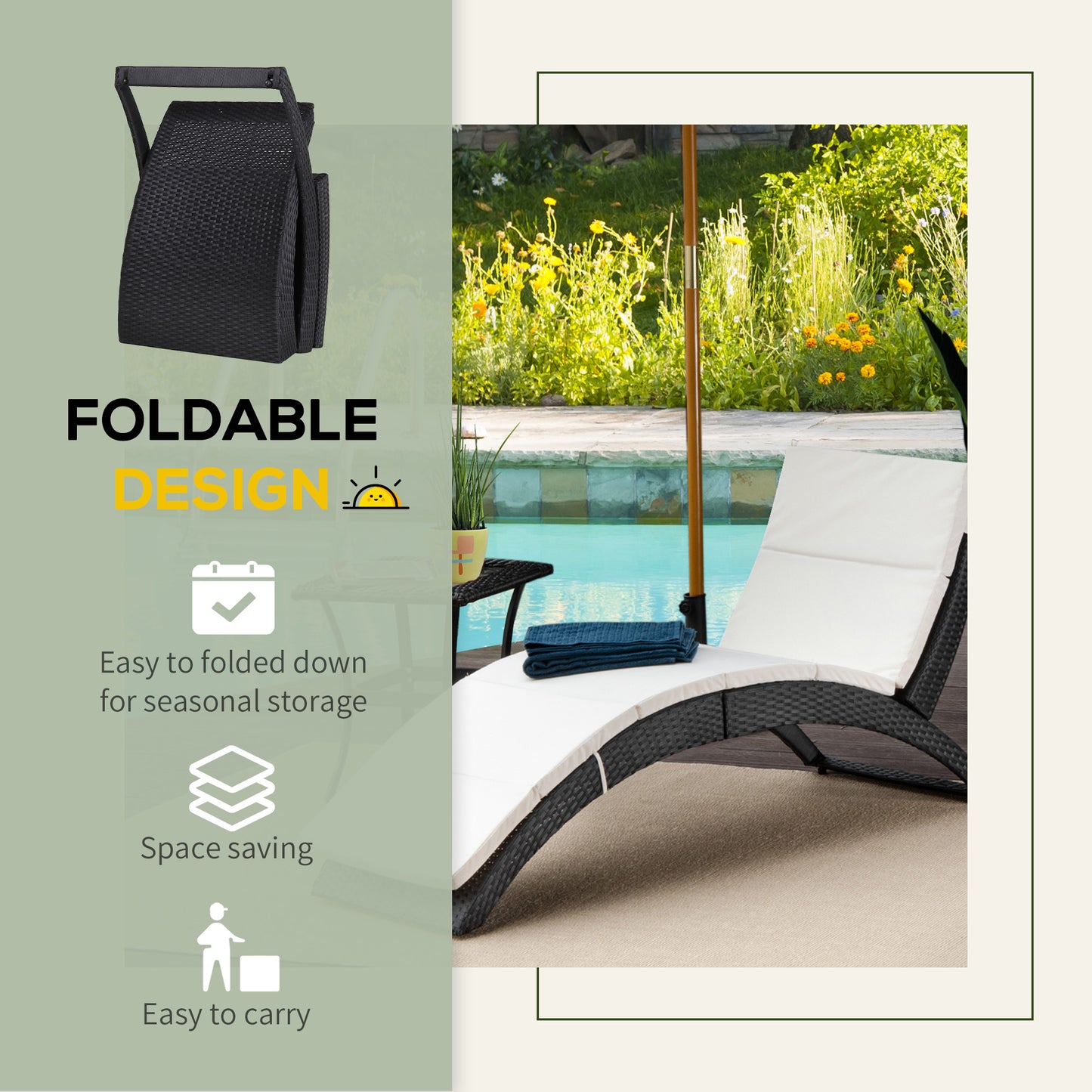 Outsunny Folding Sun Lounger, PE Rattan Garden Lounger Chair with Soft Padded Cushion, Ergonomic Curved Design Sun Bed for Balcony, Garden, Black