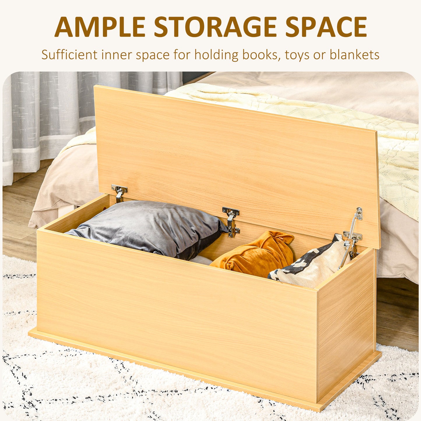HOMCOM Storage Chest, Large 113L Blanket Box, Shoe Bench with Safety Hinged Lid, Storage Trunk, Bed End Bench for Bedroom, Hallway, Living room, Playroom, 100 x 40 x 40cm, Burlywood