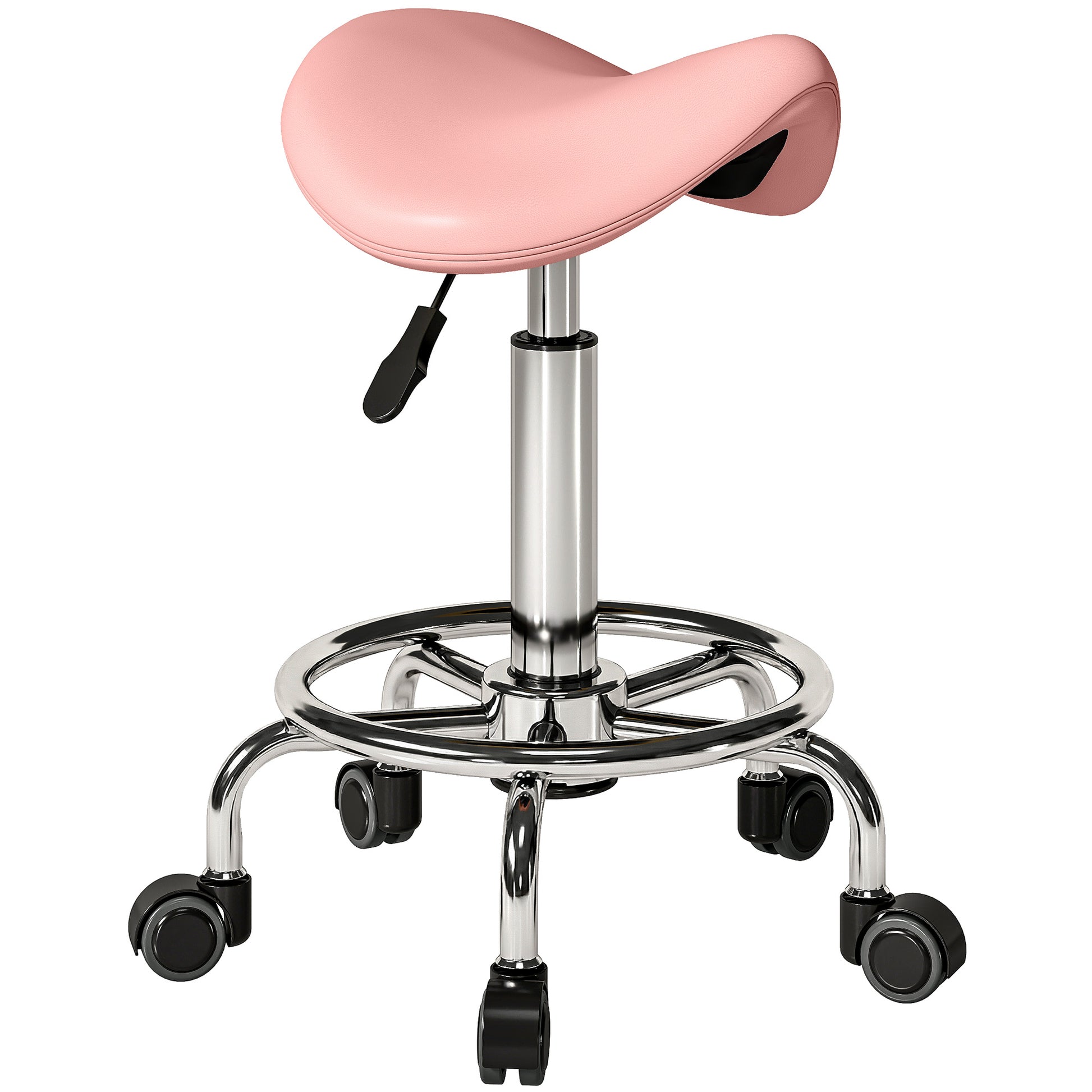 Photo of HOMCOM Salon Saddle Stool, Rolling Saddle Chair for Massage, Spa, Clinic, Beauty, Hairdressing and Tattoo, Pink in Pink colour on a white background
