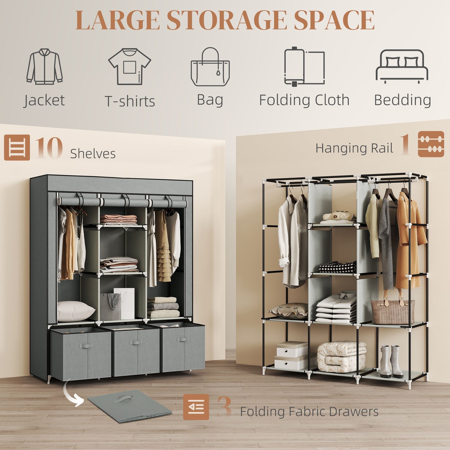 HOMCOM Foldable Fabric Wardrobe for Bedroom, Portable Wardrobe with 5 Shelves, 2 Hanging Rails and 3 Fabric Drawers, Light Grey