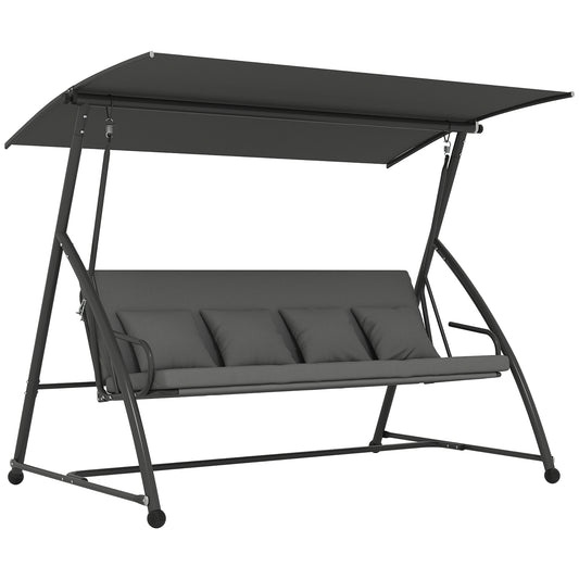 Photo of Outsunny Outdoor 2-in-1 Swing Chair Lounger 3 Seater Garden Swing Seat Bed Convertible Tilt Canopy W/ Cushion, Dark Grey in Grey colour on a white background